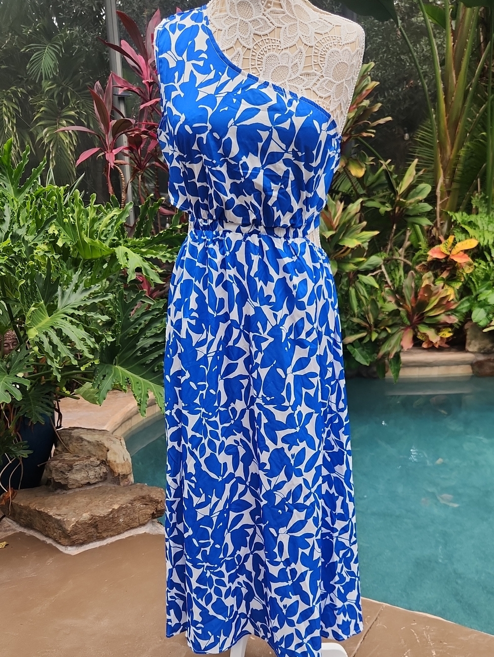 One-Shoulder Blue and White Floral Midi Dress With Stunning Back! Large